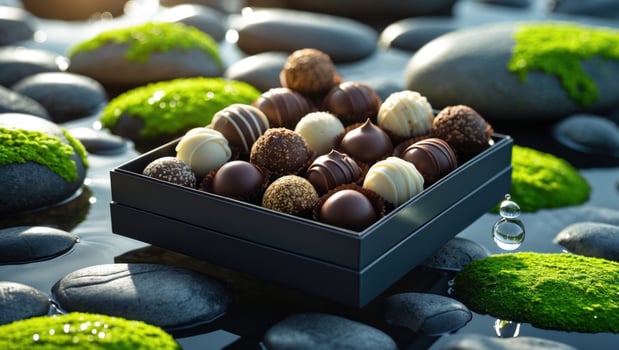 Assorted gourmet chocolates elegantly arranged on a black box, surrounded by smooth stones and green moss photo