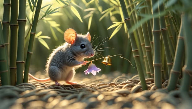 A small mouse delicately holds a flower while exploring a lush bamboo forest during golden hour photo