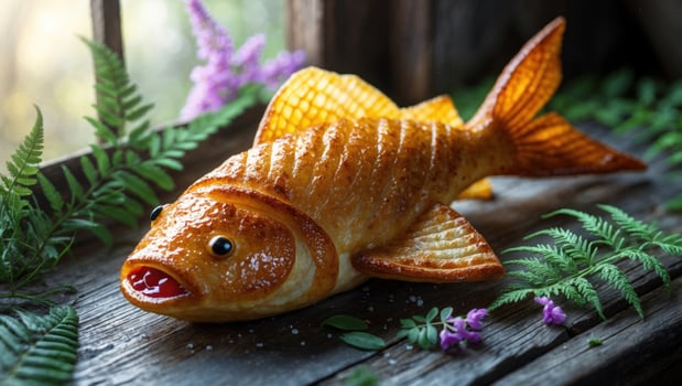 Realistic golden fish-shaped pastry resting on wooden surface surrounded by greenery and flowers photo