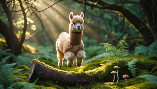 A playful alpaca leaps through a sunlit forest, surrounded by lush ferns and mushrooms photo