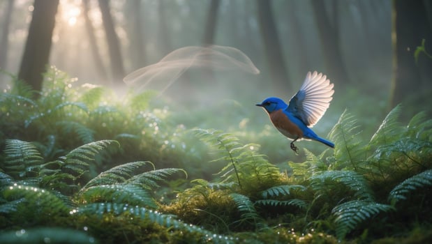 A vibrant bluebird in mid-flight amidst a lush green forest, sunlight filtering through trees photo