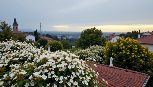 a rooftop softened by layers of white flowering shrubs, gently glowing under soft overcast skies. photo