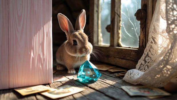 Adorable rabbit curiously examines a sparkling blue gem near a sunlit window in a cozy room photo