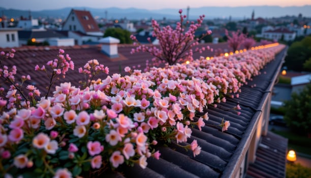 a rooftop lined with glowing pastel blossoms blooming in clusters of synchronized color. photo