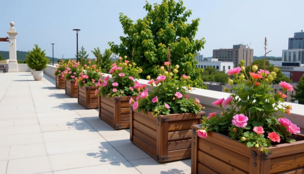 a wide rooftop elegantly arranged with raised wooden planters of pink carnations and coral bells, fully silent. photo