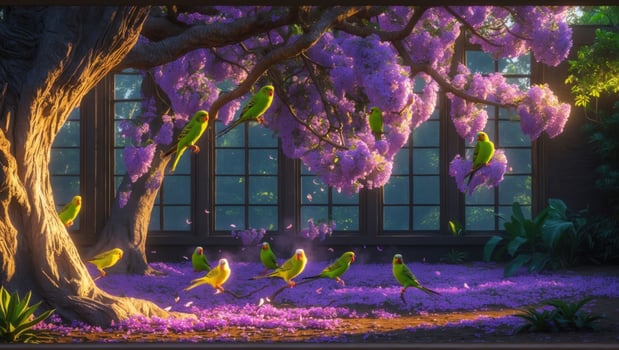 Vibrant scene of colorful parrots playing beneath a blooming tree in a serene garden setting photo