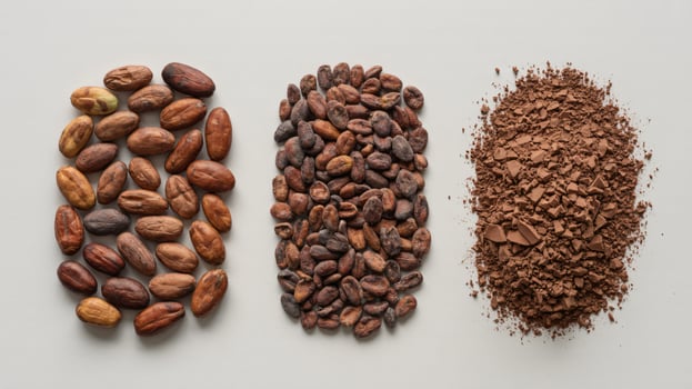 Three distinct piles of various seeds on a light grey background photo