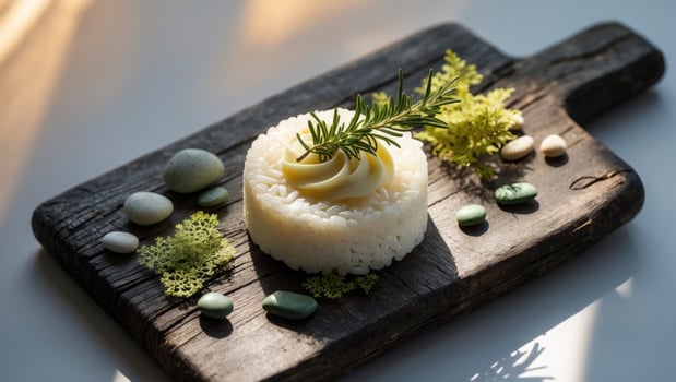 Elegant presentation of creamy dessert on a rustic wooden board surrounded by decorative elements photo