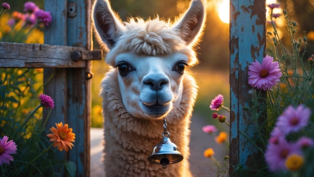 Friendly llama with a bell standing at a rustic gate surrounded by colorful flowers during sunset photo