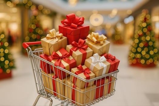 Shopping Cart Overflowing with Colorful Wrapped Gifts for Christmas Holiday in Festive Mall Setting with Blurred Lights and Cheerful Ambience photo