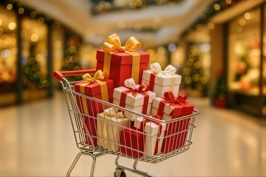 Shopping Cart Filled with Wrapped Gifts in Mall During Holiday Season Showcasing Festive Spirit and Celebration Atmosphere with Bokeh Shopping Background in a Vibrant Retail Environment photo