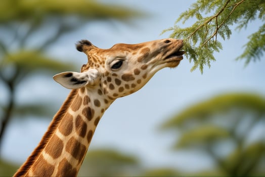 Giraffe Reaching High for Tree Branches in Natural Habitat, Wildlife Photography Capturing Graceful Safari Scene, Majestic Animal Behavior in African Savanna, Nature at Its Finest, Biodiversity photo