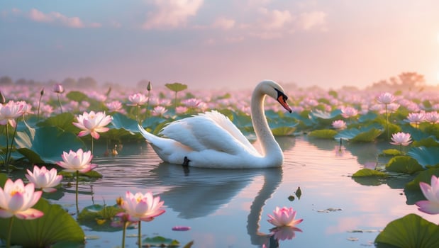 Elegant swan gliding through serene lotus pond at sunset, surrounded by blooming flowers and reflections photo