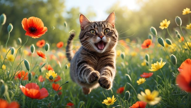 Playful tabby cat joyfully leaps through a vibrant flower field under a sunny sky photo