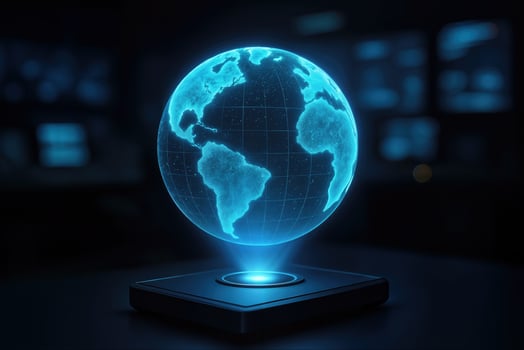 Futuristic Holographic Earth Display in a Dark Room with Advanced Technology Projection photo