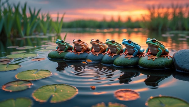 Group of colorful frogs perched on stones in a serene pond at sunset, surrounded by lily pads photo