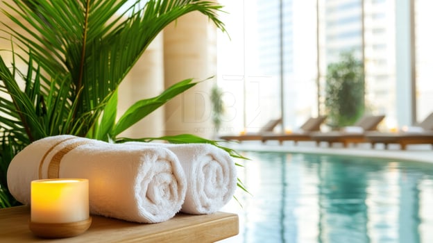 Luxurious spa with soft towels, candles, and tranquil pool setting photo