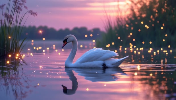Serene swan gliding on a tranquil lake at sunset, surrounded by glowing fireflies and lush greenery photo
