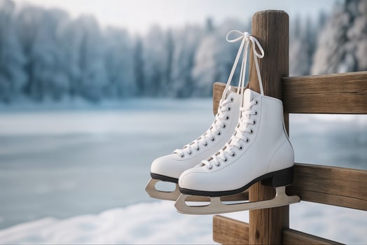 White Ice Skates Hanging on Wooden Fence in Snowy Winter Landscape with Frosty Trees Background photo