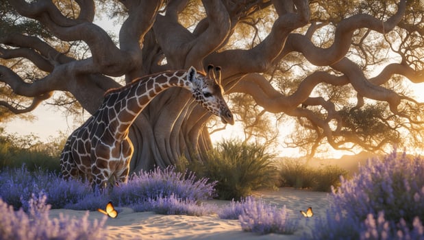Majestic giraffe resting beneath an ancient tree, surrounded by vibrant lavender flowers and butterflies photo