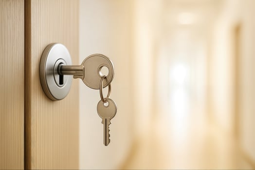 Unlocking a Bright Future with Keys in Door Lock Reflecting New Opportunities and Security Concepts in Warm Light photo