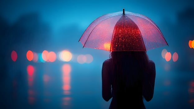 Silhouette of a Person Under a Red Umbrella in the Rain at Night photo
