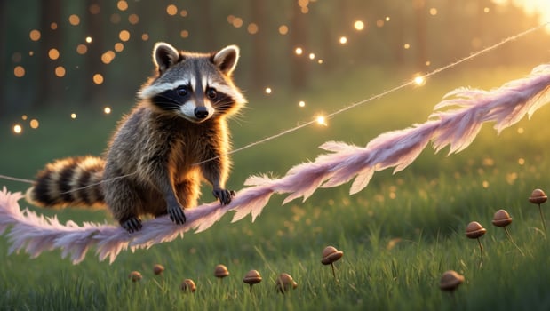 A playful raccoon balances on a colorful rope adorned with feathers in a sunlit forest clearing photo