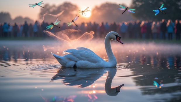 Majestic swan gliding across a tranquil lake at sunrise, surrounded by colorful dragonflies and onlookers photo