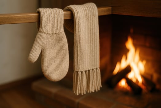Warm Knit Mitten and Scarf Drying by the Cozy Fireplace in Rustic Winter Setting with Soft Textures photo