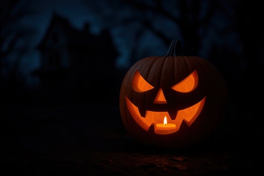 Glowing Jack O Lantern in Haunted Night Scene with Eerie Atmosphere Halloween Decor in Mysterious Garden photo