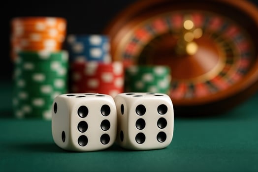 Lucky Dice Roll with Casino Background and Colorful Poker Chips Symbolizing Chance and Strategy in Gambling Scene photo