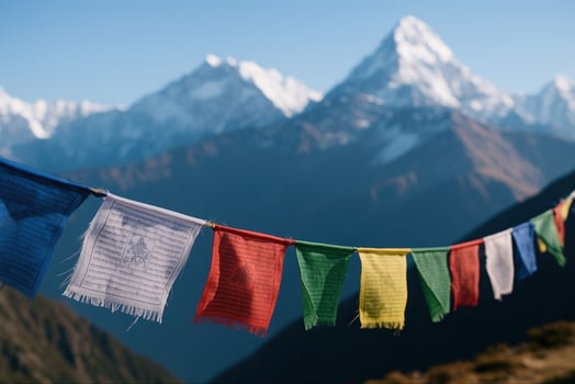 Vibrant Prayer Flags Against Majestic Himalayan Mountain Range Capturing Peaceful Spiritual Serenity and Stunning Natural Landscape photo