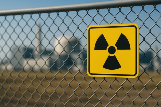 Radiation Warning Sign on Chain Link Fence Near Industrial Facility Under Clear Blue Sky for Safety and Caution Awareness in Industrial Zones photo