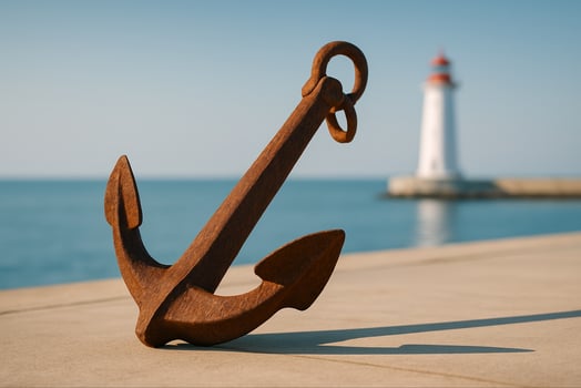 Rusty Anchor on Dock with Lighthouse in Background under Clear Blue Sky, Nautical Maritime Theme with Coastal Vibes for Vintage Seaside Decor photo