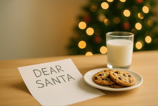 Santa's Cookies and Letter on Table with Christmas Tree in Background Featuring Milk and Warm Holiday Atmosphere for Cozy Festive Celebration and Family Tradition During Christmas Season photo