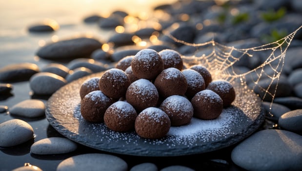 Delicious chocolate truffles dusted with powdered sugar arranged on a slate platter by a serene riverbank at sunset photo
