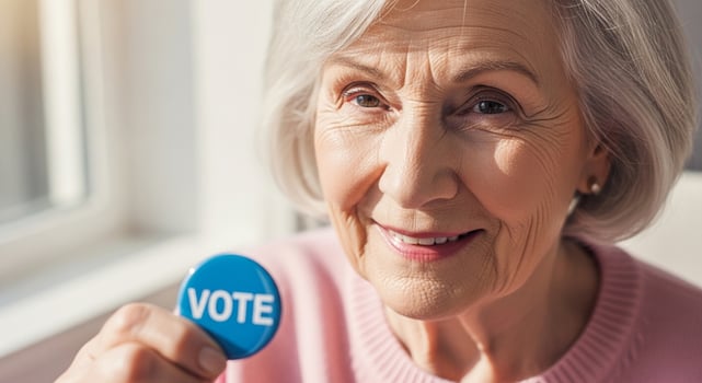 Smiling Senior Woman Holding Vote Button in Bright Warm Setting Close-Up photo