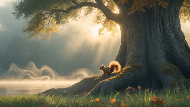 Squirrel perched on a tree trunk by a misty lake, with sunlight filtering through autumn leaves photo