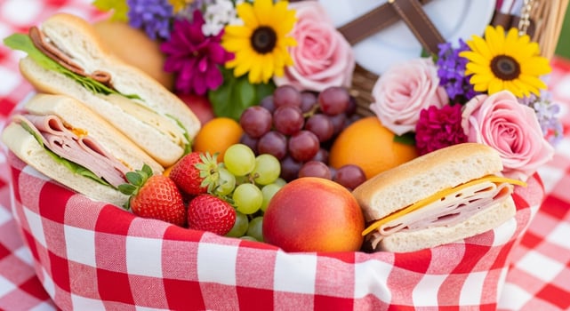 Vibrant Picnic Basket with Fresh Food and Flowers on Checkered Blanket photo