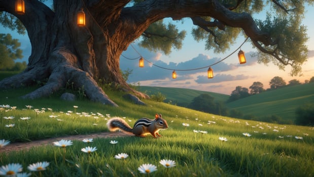 A chipmunk scurries through a vibrant meadow filled with daisies beneath a majestic tree at sunset photo