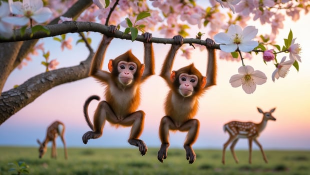 Two playful monkeys hanging from a cherry blossom tree at sunset, with deer grazing in the background photo