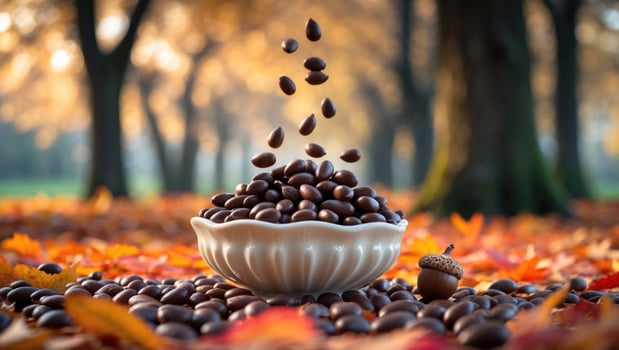 A bowl of chocolate-covered nuts surrounded by autumn leaves, with falling nuts in a serene park photo