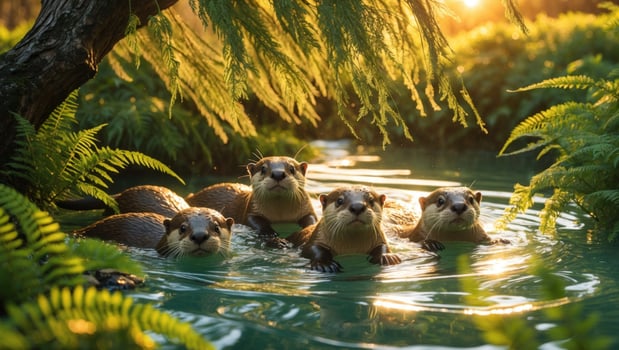 Group of playful otters swimming in a serene pond surrounded by lush ferns during sunset photo