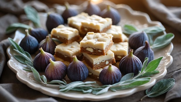 A beautifully arranged plate of creamy dessert squares surrounded by fresh figs and sage leaves photo
