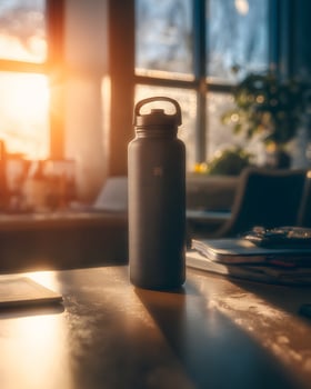 Eco Bottle on Work Desk. Clean Composition for Productivity and Health photo