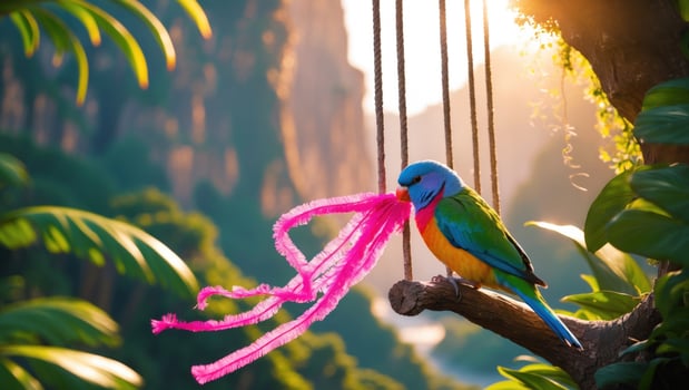 Colorful parrot perched on a swing amidst lush greenery and vibrant sunset in a serene landscape photo