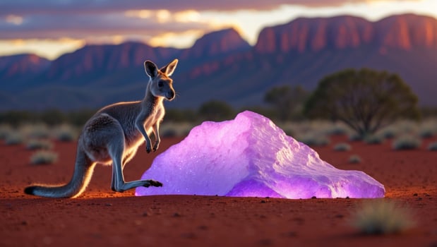 A kangaroo leaps over a glowing crystal in the Australian outback at sunset with mountains in the background photo