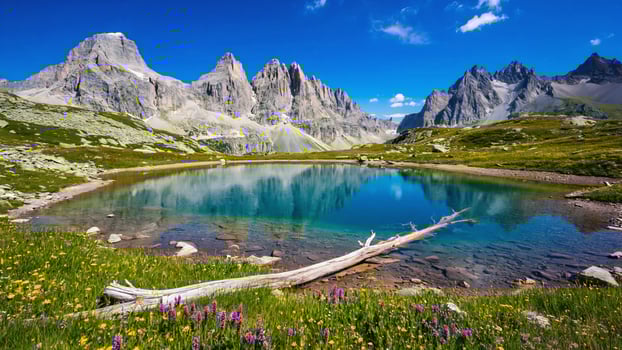 Mountain lake with colorful flowers and blue skies photo
