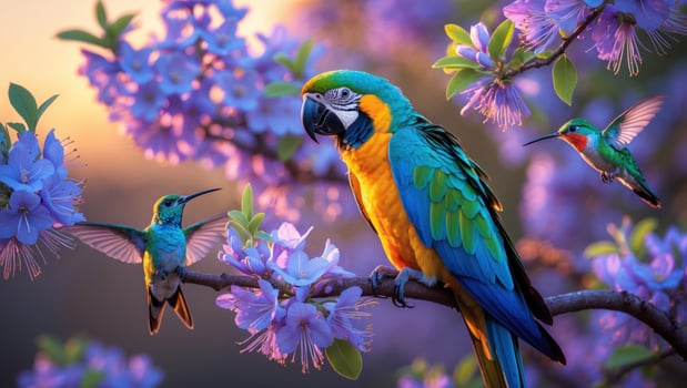 Vibrant tropical birds perched on blooming flowers during sunset, showcasing nature's beauty photo