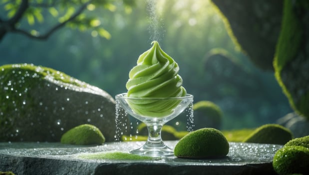 A refreshing green soft serve ice cream in a glass dish, set amidst a serene, mossy forest with soft light photo